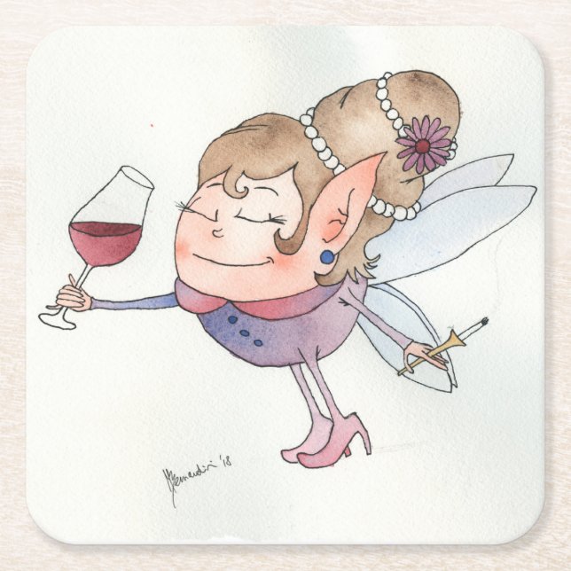 Wine fairy square paper coaster (Front)