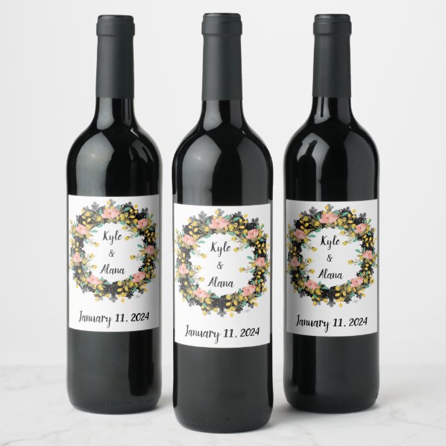 Wine Favor Personalized Flowers Stamp Label (Bottles)