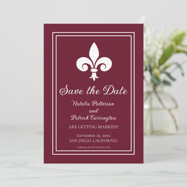 Wine Fleur de Lis Save the Date Invite (Standing Front)