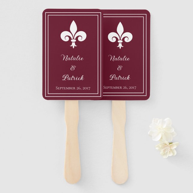 Wine Fleur de Lis Wedding Hand Fans (Front and Back)