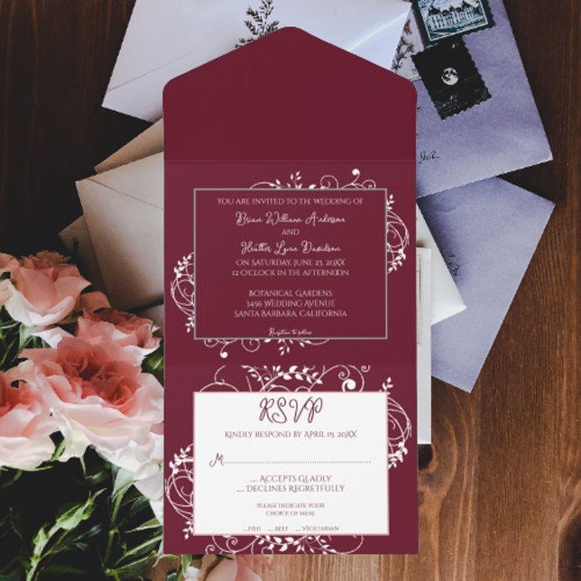 Wine Flourish Wedding All In One Invitation (Wine Flourish All in One Wedding Invite)