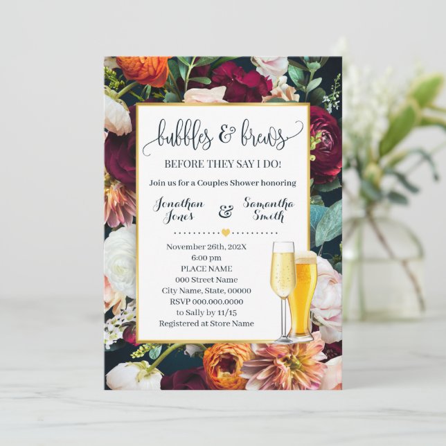 Wine Flowers Navy Bubbles and Brews Wedding Shower Invitation (Standing Front)