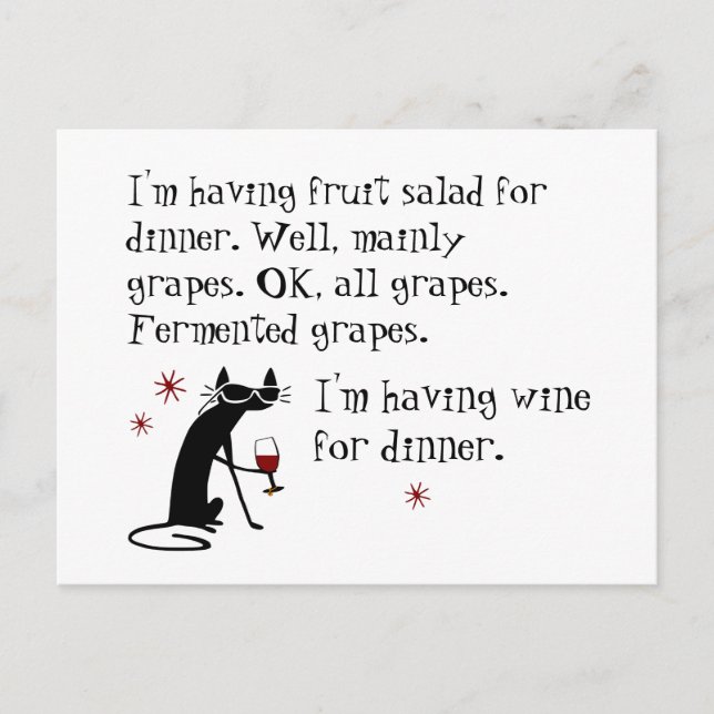 Wine for Dinner Funny Wine Quote with Cat Postcard (Front)