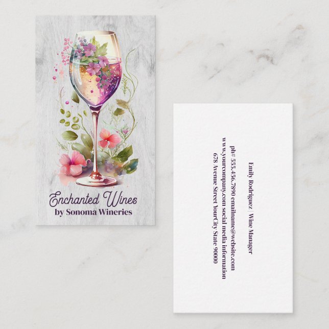Wine Glass and Flowers Hand Drawn Illustration Business Card (Front/Back)