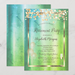 Wine Glass,Balloons,Dots Green Retirement Invitation