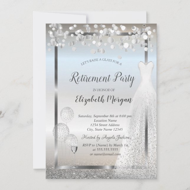 Wine Glass Balloons Dress Silver Retirement  Invitation (Front)