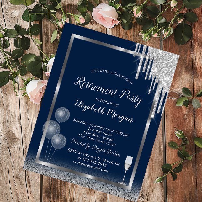 Wine Glass Balloons Glitter Drips Blue Retirement Invitation (Creator Uploaded)