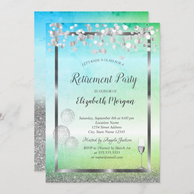 Wine Glass Balloons Glitter Green Retirement  Invitation (Front/Back)
