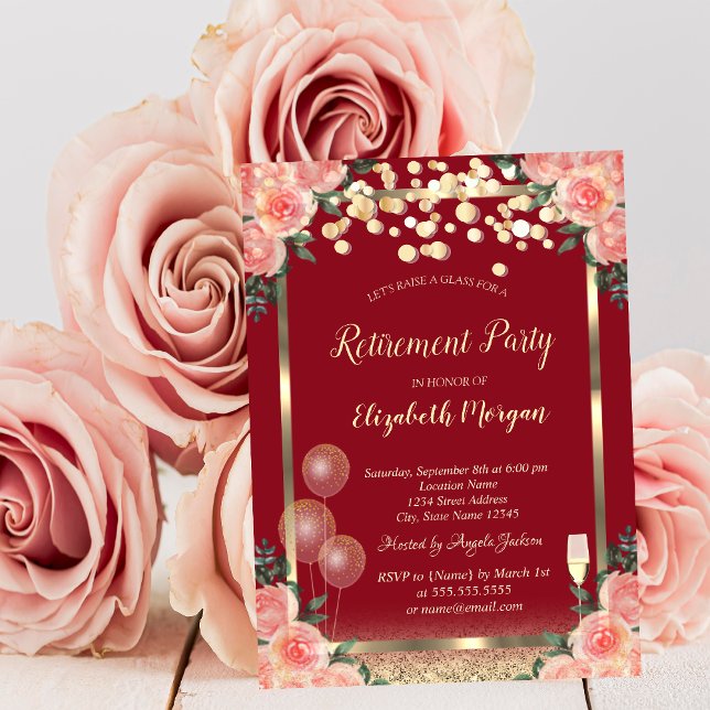Wine Glass Balloons Glitter Roses Red Retirement Invitation (Creator Uploaded)