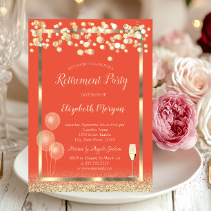 Wine Glass Balloons Gold Glitter Orange Retirement Invitation