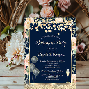 Wine Glass Balloons Gold Glitter Roses Retirement  Invitation