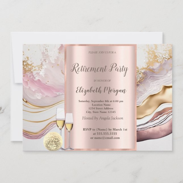 Wine Glass,Balloons,Pink Marble Retirement Party Invitation (Front)