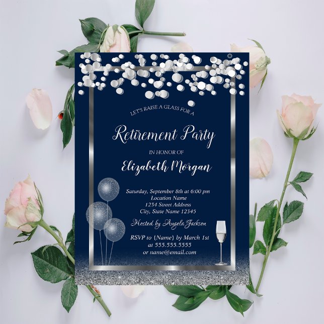 Wine Glass Balloons Silver Glitter Blue Retirement Invitation (Creator Uploaded)