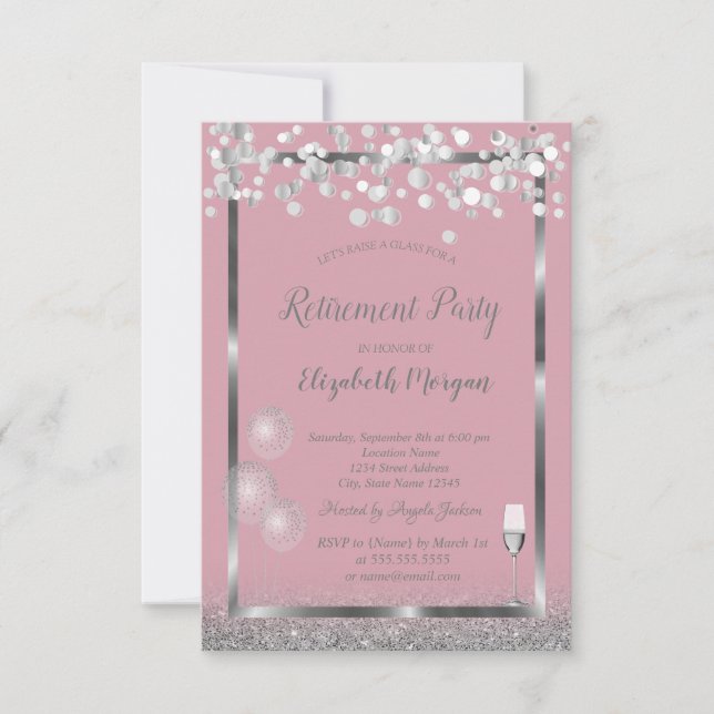 Wine Glass Balloons Silver Glitter PinkRetirement Invitation (Front)