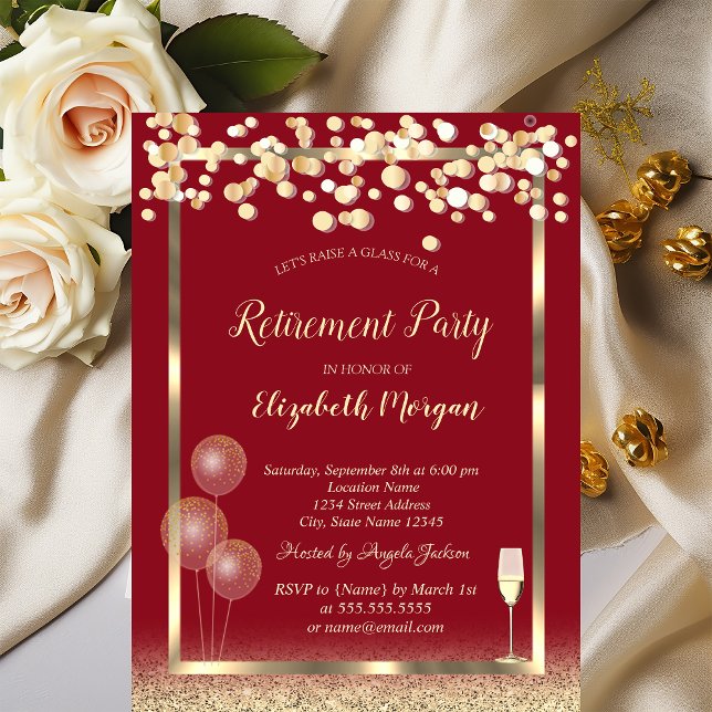 Wine Glass Balloons Silver Glitter Red  Retirement Invitation (Creator Uploaded)