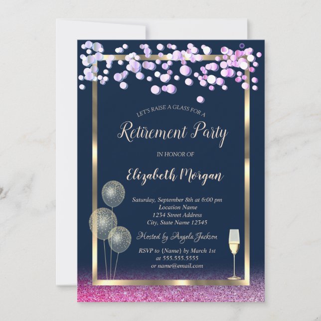 Wine Glass Balloons Violet Glitter Blue Retirement Invitation (Front)