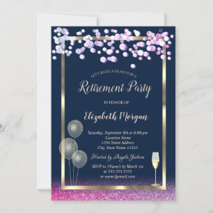 Wine Glass Balloons Violet Glitter Blue Retirement Invitation