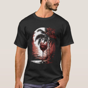 Wine Glass Beach Palm Tress Tropical Summer Vacati T-Shirt