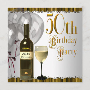 Wine Glass Bottle Black Gold 50th Birthday Party Invitation