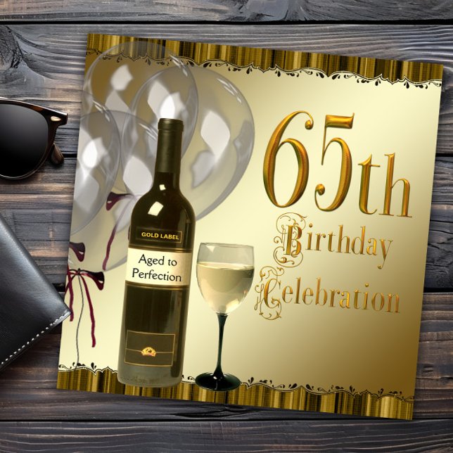 Wine Glass Bottle Black Gold 65th Birthday Party Invitation (Black and gold 65th birthday invitation. Need a different number? Send us a message.)