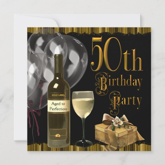 Wine Glass Bottle Gold 50th Birthday Party Invitation (Front)
