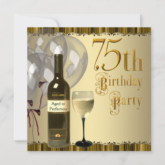 Wine Glass Bottle Gold 75th Birthday Party Invitation (Front)