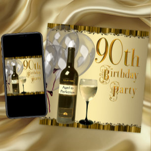 Wine Glass Bottle Gold 90th Birthday Party Invitation