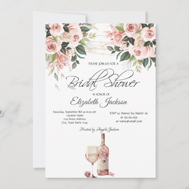 Wine Glass Bottle Lights Roses Bridal Shower  Invitation (Front)