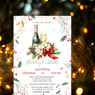 Wine Glass Bottle Poinsettia Bow Company Christmas Invitation
