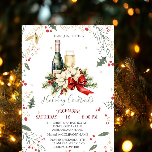 Wine Glass Bottle Poinsettia Bow Company Christmas Invitation (Creator Uploaded)