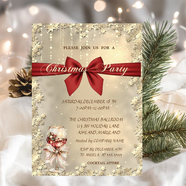 Wine Glass Bow Gold Christmas Corporated Party Invitation (Creator Uploaded)
