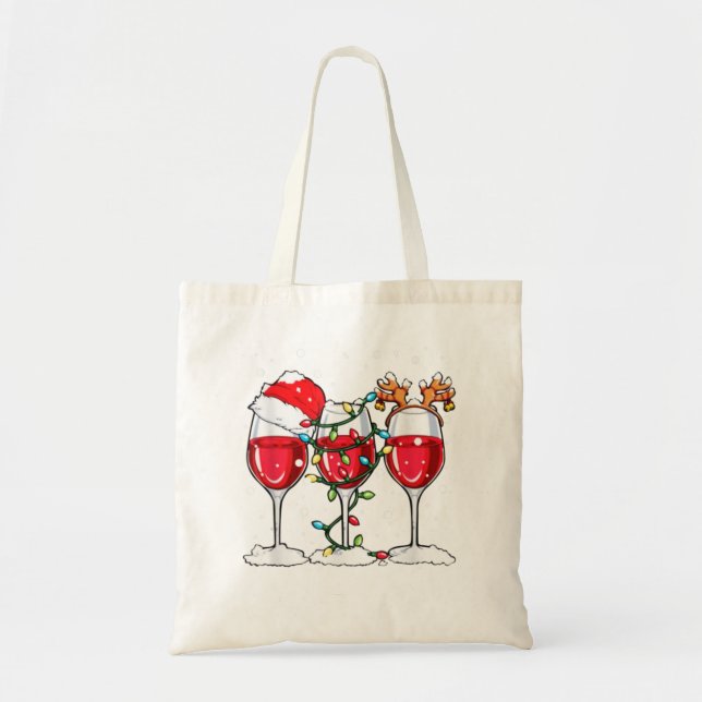 Wine Glass Christmas Santa Hat Reindeer Funny Chri Tote Bag (Front)