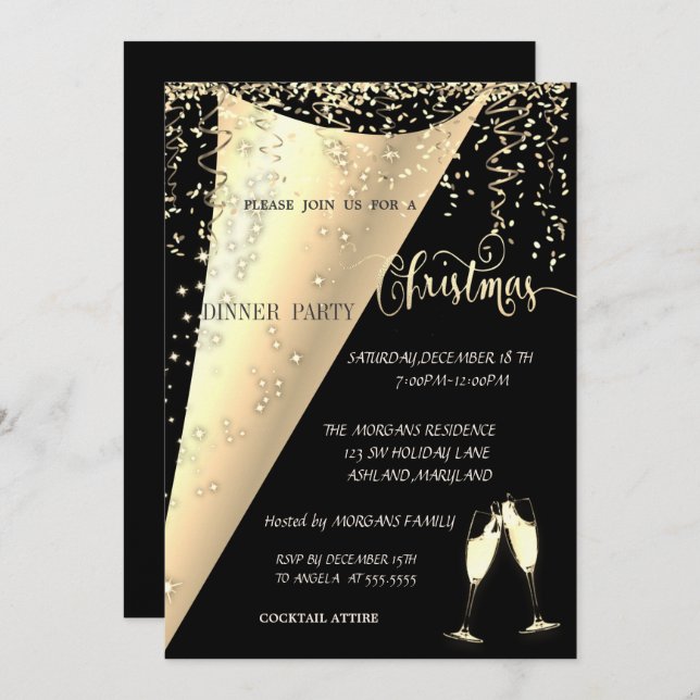 Wine Glass,Confetti, Black ,Gold Christmas Party Invitation (Front/Back)