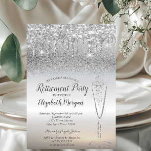 Wine Glass Drops Silver Glitter Bokeh Retirement Invitation
