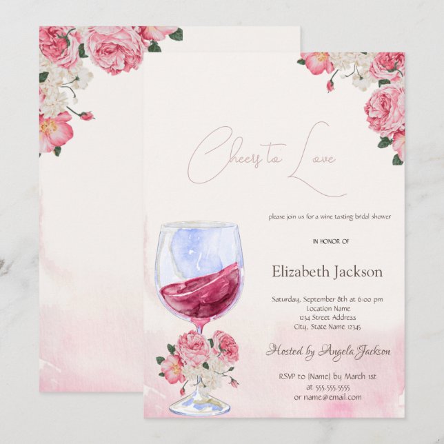 Wine Glass Flowers Watercolor Cheers To Love Invitation (Front/Back)