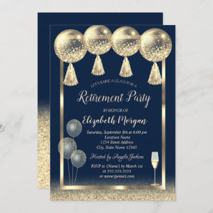 Wine Glass Gold Balloons Glitter Blue Retirement  Invitation