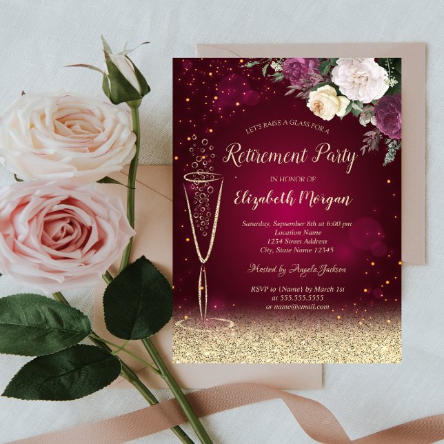 Wine Glass Gold Bokeh Floral Red Retirement Invitation (Creator Uploaded)