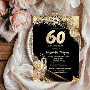 Wine Glass Gold Confetti Balloons 60th Birthday Invitation