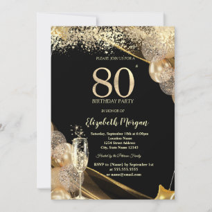 Wine Glass Gold Confetti Balloons 80th Birthday Invitation