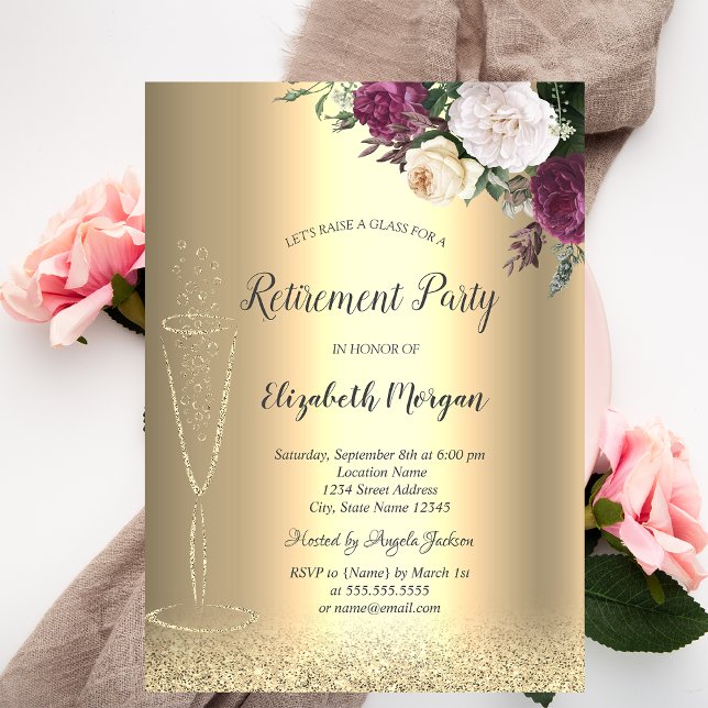 Wine Glass Gold Glitter Bokeh Floral Retirement Invitation (Creator Uploaded)