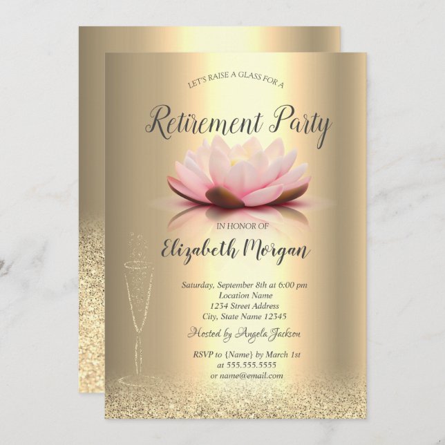 Wine Glass Gold Glitter Bokeh Lotus Retirement Invitation (Front/Back)