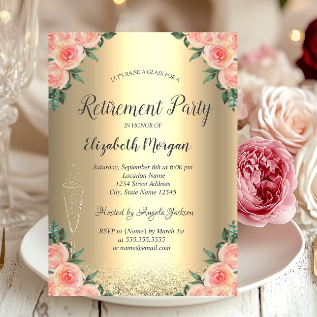 Wine Glass Gold Glitter Bokeh Roses Retirement Invitation (Creator Uploaded)