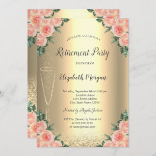 Wine Glass Gold Glitter Bokeh Roses Retirement Invitation