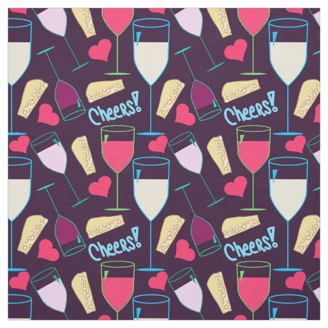 Wine Glass Graphic Heart Typography Cheers Cute Fabric (Swatch)