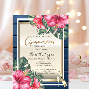 Wine Glass,Hibiscus Blue Wood Quinceanera Invitation