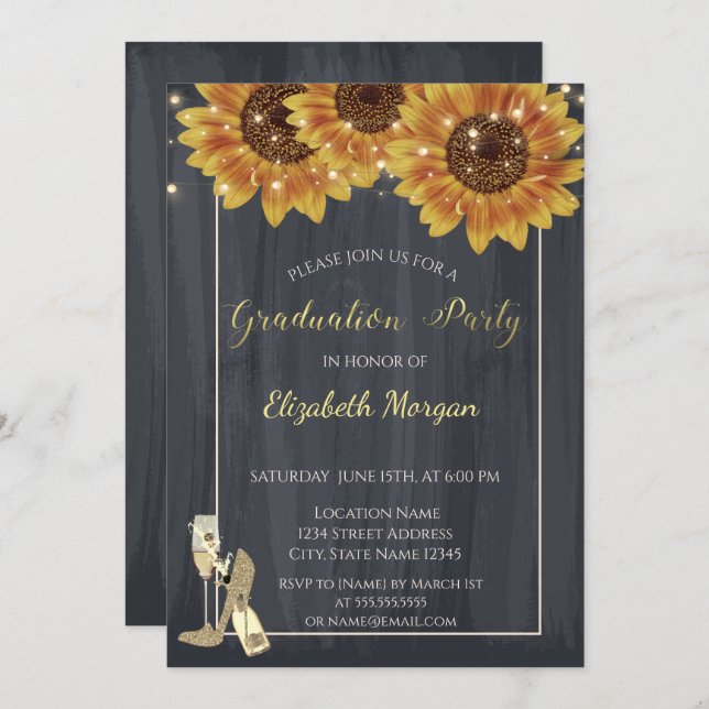 Wine Glass,High Heels Sunflowers Graduation Party Invitation (Front/Back)