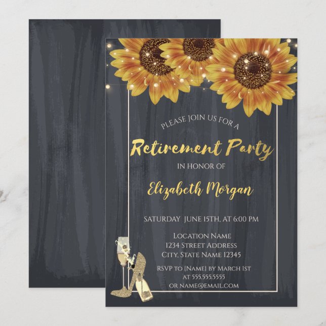 Wine Glass,High Heels Sunflowers Retirement Party Invitation (Front/Back)
