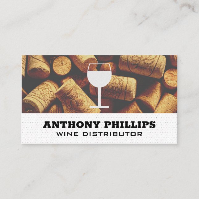 Wine Glass Icon | Cork Piles Background Business Card (Front)