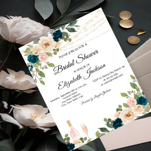 Wine Glass Lights Blue Roses Bridal Shower Invitation
