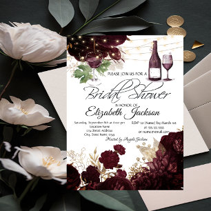 Wine Glass Lights Burgundy Flowers Bridal Shower  Invitation